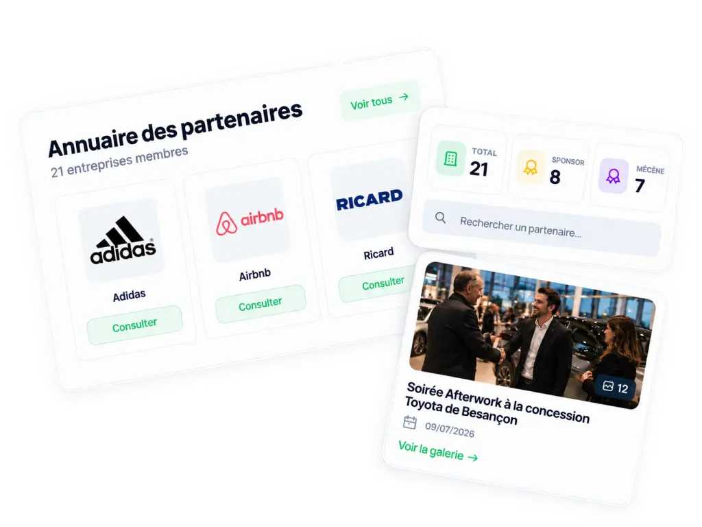 Annuaire des entreprises partenaires dans FundUp permettant de consulter les sponsors, les mécènes et les événements du réseau
