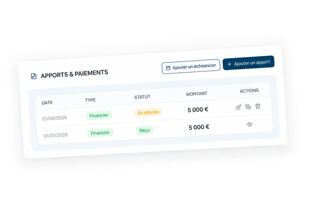 Tableau de suivi des apports financiers dans FundUp avec les dates, montants, paiements reçus et versements en attente