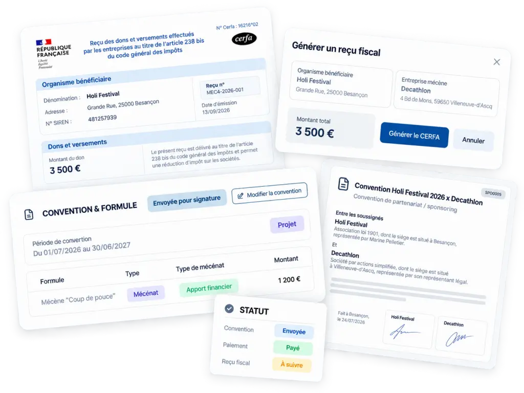 Interface FundUp présentant une convention de partenariat signée, un reçu fiscal de mécénat et le suivi des documents associés