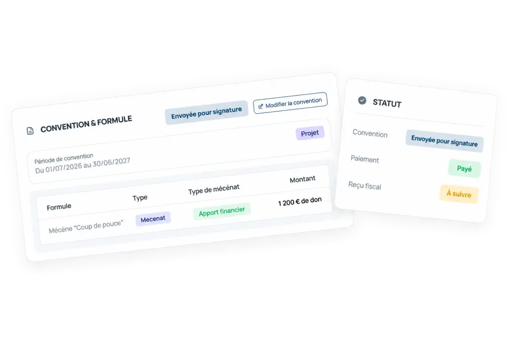 Suivi d'une convention de mécénat dans FundUp avec la formule choisie, le montant du don, le statut de signature et le paiement